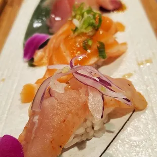 Spicy albacore, salmon, yellowtail, albacore, tuna