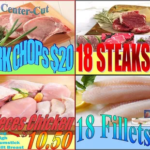 a collage of steaks and fish