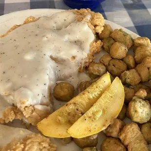 Chicken fried chicken with fried okra