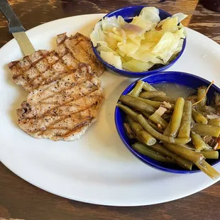 Grilled Pork Chops, green beans, cabbage