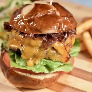 a cheeseburger and french fries