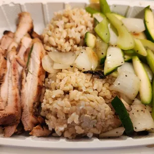 Huli Chicken with brown rice and sauteed vegetables