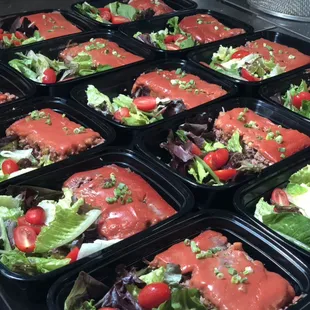 Meatloaf with mixed greens salad.