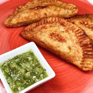 Plantain Beef Empanadas with Salsa Verde Dip. Some great flavors out of this dish!