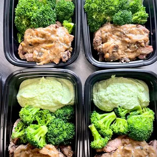a meal of meat, broccoli and mashed potatoes
