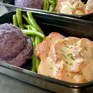 Bacon Wrapped Turkey Medallions with Saute French Beans and Okinawan Sweet Mashed Potato