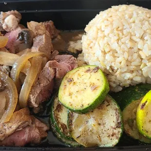 Espresso Sauce Steak with Brown Rice and Sauteed Zucchini
