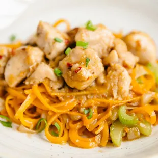 Butternut Squash Chow Mein with Orange Chicken