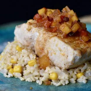 Grilled Ono topped with Mango Chutney served over Creamy Brown Rice and Corn