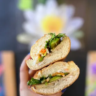 #2 Vegan Xá Xíu (Chinese BBQ Pork) Bánh Mi w/ soy protein, extra cashew pâté, extra veganaise, pickled veggies, cucumber, jalapeño | $8.50