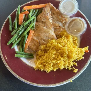 grilled chicken breast with rice pilaf and green beans!