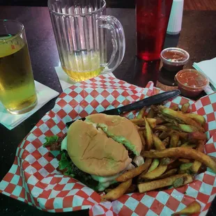 Burger, fries, and a cool beverage