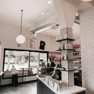 a woman sitting at a counter