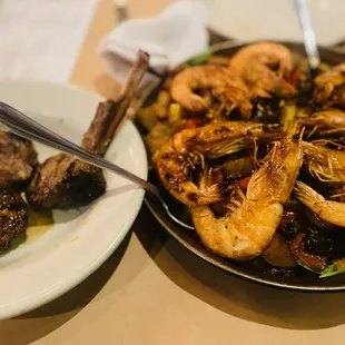 Lamb, veggie paella, cammarrones