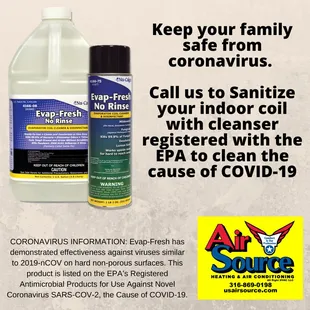 Call us to sanitize your indoor coil to stay safe from coronavirus.