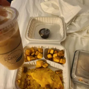 Three egg Omelette with cheddar, pepper and onions