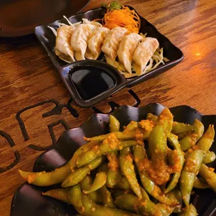 Garlic edamame and gyoza