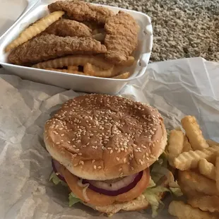 a hamburger and fries