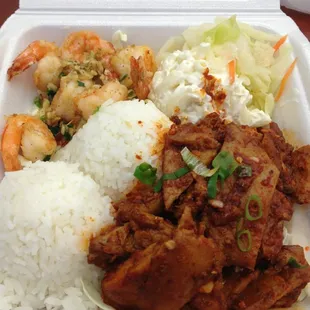 Spicy garlic chicken and garlic shrimp