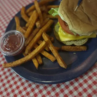 Sweet potato fries with a old school cheese burger.