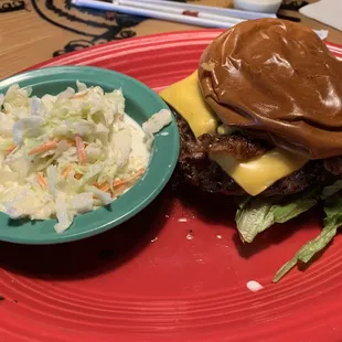 Hamburger w/cheese &amp; bacon.  Fried egg was left off.