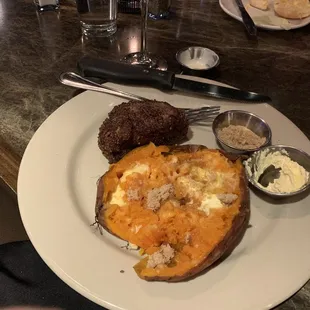 Garlic crusted filet and sweet potato.
