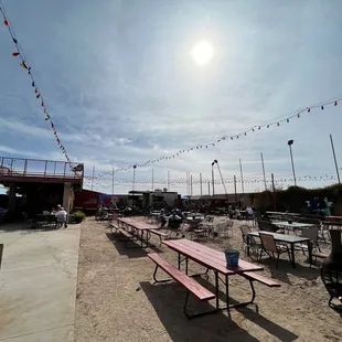 tables and benches on the beach
