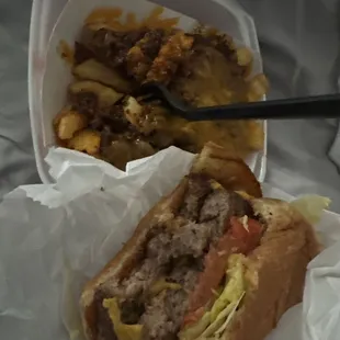 Burger and chili cheese fries