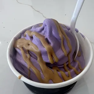 Ube ice cream with peanut drizzle