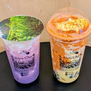 Twilight Taro Milk w/ Sakura Crystal Boba, and Crème Brûlée Thai Tea w/ Honey Boba