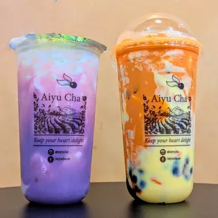 Twilight Taro Milk w/ Sakura Crystal Boba, and Crème Brûlée Thai Tea w/ Honey Boba