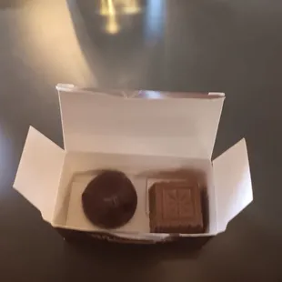 Bite size chocolates, 2 bucks a piece. Not that great.