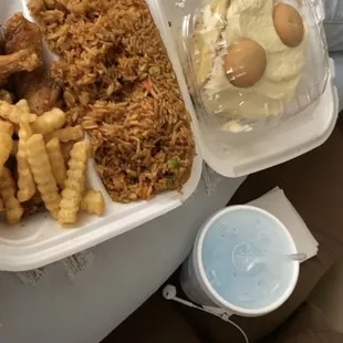 6 honey garlic wings and fried rice (Got a little fries I from another platter)