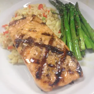 Orange Glazed Grilled Salmon over Jambalaya Rice with Grilled Asparagus