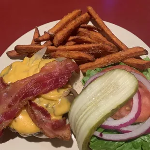 Gator burger with sweet potato fries