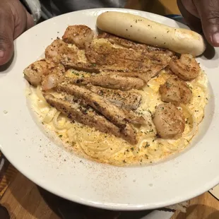 Chicken &amp; Shrimp Alfredo was good.