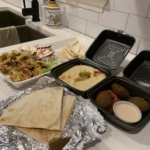 Chicken Shawarma Plate, Hummus, Falafel