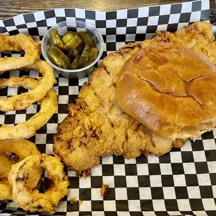 Breaded tenderloin, onion rings, and (barely visible, sorry) cinnamon apples.