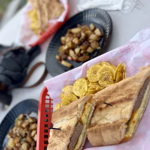 Sausage, Egg &amp; Cheese on Cuban Toast with Chips &amp; Roasted Potatoes- fantastic!