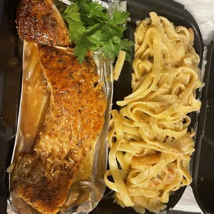 Blackened Salmon with seafood linguini.  Delicious