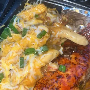 Blackened Hawaiian Salmon with Loaded Crawfish Fries