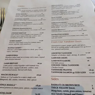 the menu of a restaurant