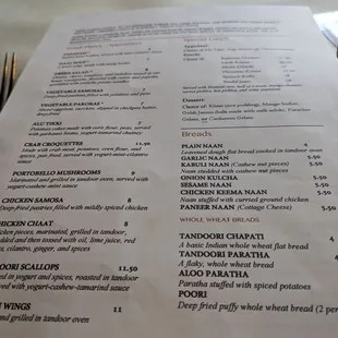 the menu of a restaurant