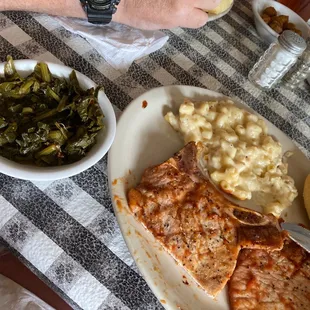 Greens, BBQ pork chops and Mac and cheese!!!  Yummy!!!