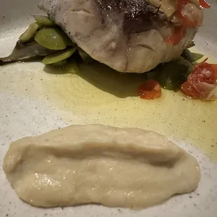 Roasted sea bass on a bed of diced olives with a fennel puree in front. Yum!!