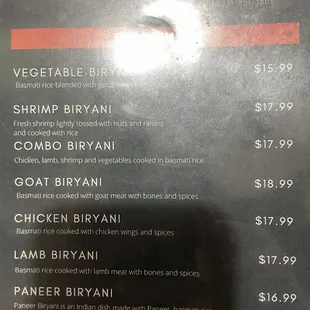 Biryani menu