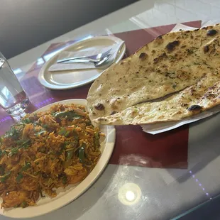 Shrimp Biryani and garlic naan