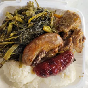 2 meat and veg. Pork belly adobo, morning glory greens, two kinds of longanisa. Ilocano (sour) and standard (sweet)