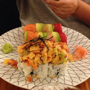 Rainbow roll; spicy Mindy roll.