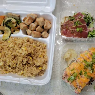 Hibachi fried rice with chicken, tuna tataki, super volcano roll